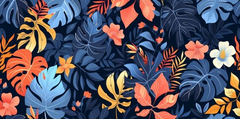 Abstract seamless pattern with colorful tropical flowers and leaves