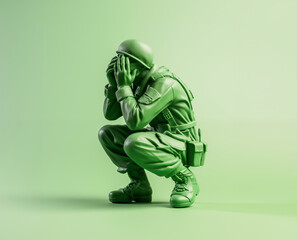 green army man toy soldier crouched covering face crying, isolated on plain studio background	
