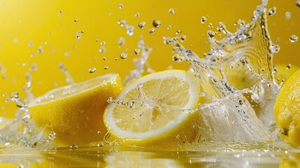 Ripe fresh yellow lemon slices with water splashing on a bright yellow background. Minimal fruit, lemon fruit, minimal citrus concept, vitamin C with copy space to add text.