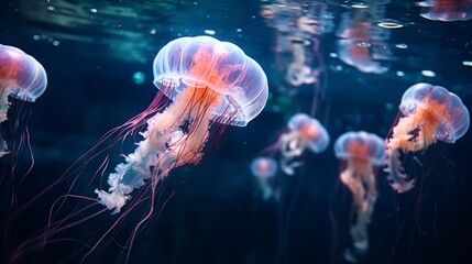 A group of jellyfish are swimming in the ocean. The jellyfish are pink and white, and they are glowing in the dark water.
