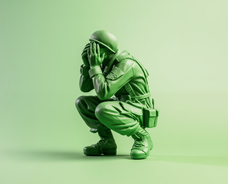 green army man toy soldier crouched covering face crying, isolated on plain studio background	
 - Powered by Adobe
