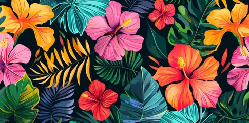 Abstract seamless pattern with colorful tropical flowers and leaves