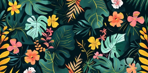 Obraz premium Abstract seamless pattern with colorful tropical flowers and leaves