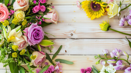assorted fresh flowers on wooden background flatlay