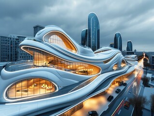 Futuristic architectural masterpiece with a unique and wavy design. AI.
