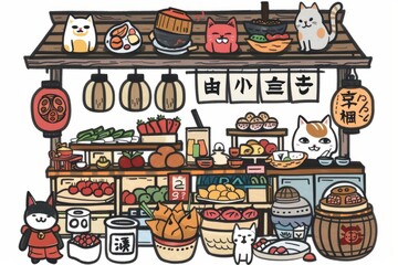 Cartoon cute doodles of a charming Japanese street market with vendors selling fresh produce, handmade crafts, and adorable souvenirs like, Generative AI