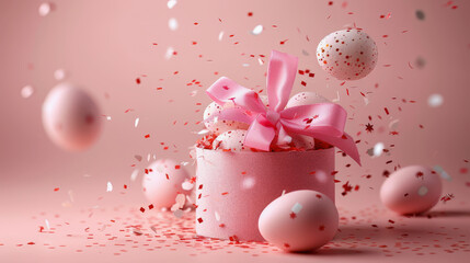 A festive image showcasing a gift box with a pink bow amidst a shower of confetti and floating decorative eggs, suggesting a celebration or holiday.