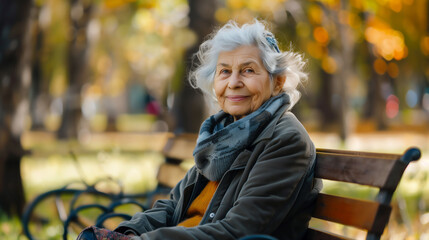 公園のベンチに座る笑顔のシニア女性