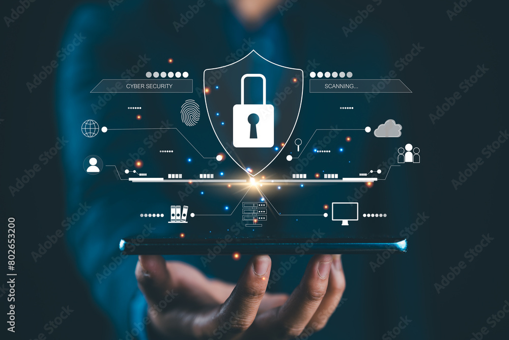 Aufkleber Cyber security and network protection with cybersecurity expert working. Lock icon and internet network security technology on secure access to protect server against cybercrime.
