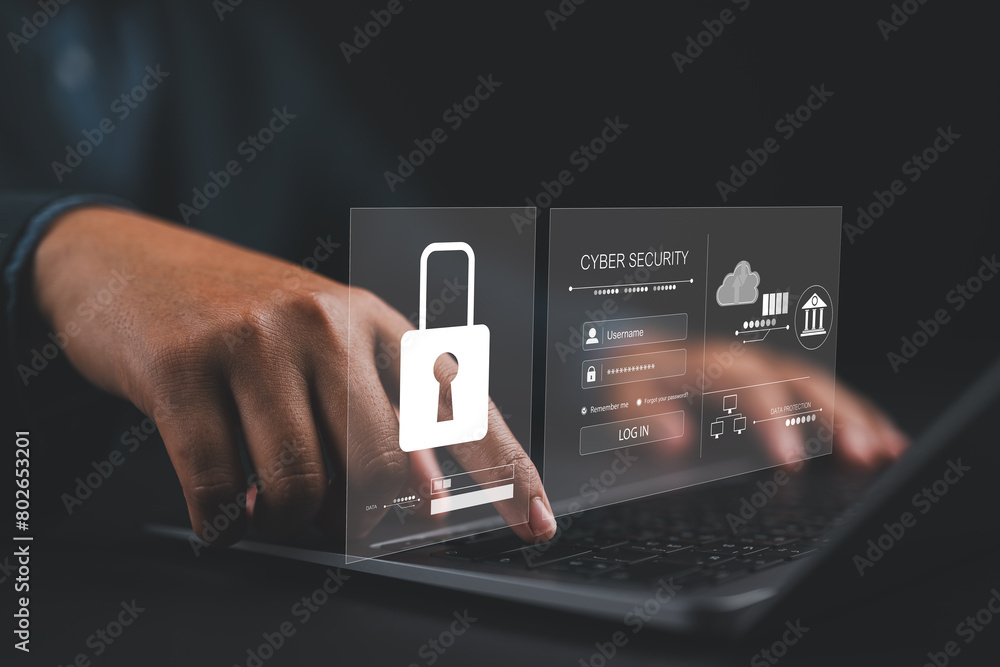 Poster cybersecurity concept, user privacy security and encryption, secure internet access Future technology and cybernetics, screen padlock.