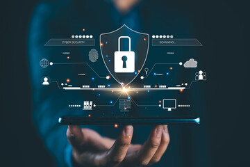 Cyber security and network protection with cybersecurity expert working. Lock icon and internet network security technology on secure access to protect server against cybercrime.