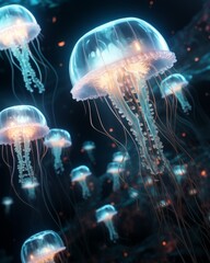 Glowing jellyfish illuminate the deep dark ocean waters. - obrazy, fototapety, plakaty