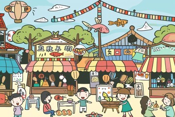 Cartoon cute doodles of a lively matsuri (festival) where characters enjoy traditional games like goldfish scooping, yo-yo fishing, Generative AI