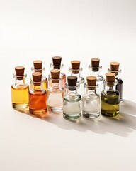 Set of small glass bottles with different essential oils on white background.