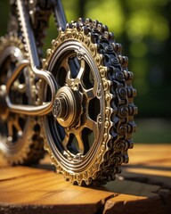 The image shows a close-up of a bicycle chain and sprocket - obrazy, fototapety, plakaty