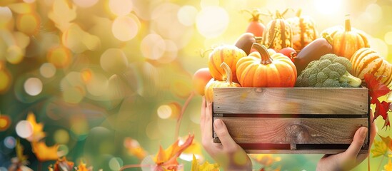 Hands holding a wooden box of harvested vegetables against a background of blurry green farm fields, with copy space to add text.