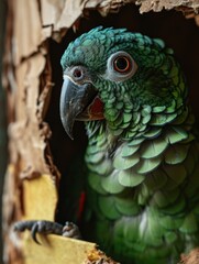Fototapeta premium A close-up of a parrot peeking out of a hole in a tree. AI.