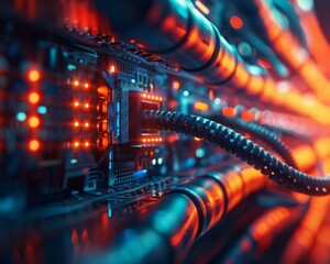 Glowing cables and lights inside a server room. AI.