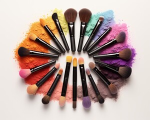 Naklejka premium The photo shows a variety of makeup brushes arranged in a circle on a white background