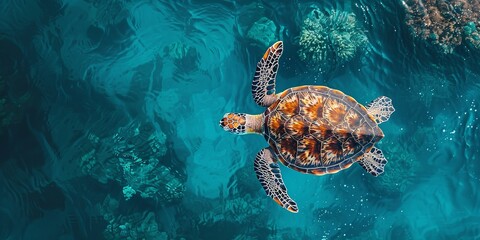 A top view and close shot of sea turtle swimming on blue ocean with a big space for text or product advertisement background, Generative AI. - obrazy, fototapety, plakaty