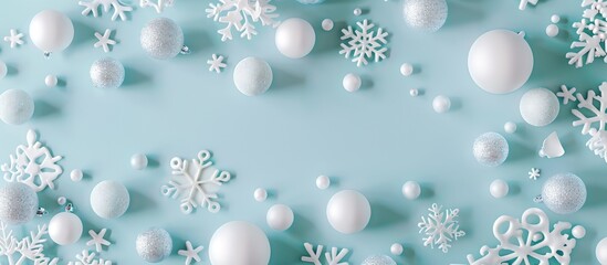 Christmas or winter arrangement featuring a design composed of white balls and snowflakes on a soft blue backdrop. Emphasizing the themes of Christmas, winter, and the new year.