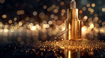Elegant golden cosmetic bottle with serum on the gold podium