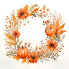 Watercolor autumn wreath with pumpkins and flowers. Hand painted illustration on white background