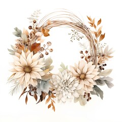Hand drawn watercolor autumn floral wreath with dahlias and leaves isolated on white background