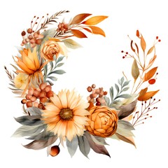 Beautiful vector watercolor autumn wreath with flowers and leaves.
