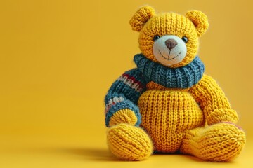 An adorable handmade yellow knitted teddy bear wearing a blue scarf. The bear is sitting upright and facing the camera. Perfect for a gift, or as a decoration for a childs room or nursery