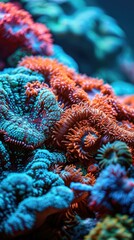 Fototapeta premium A close-up of a coral reef with blue and orange corals. AI.