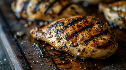 Grilled chicken breast on a wooden cutting board. AI.