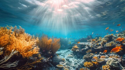 Underwater view of coral reef with fish and tropical fish.