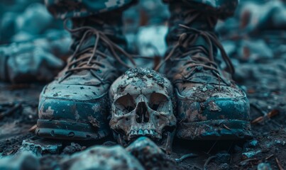 A skull sits in front of a pair of combat boots. AI. - obrazy, fototapety, plakaty