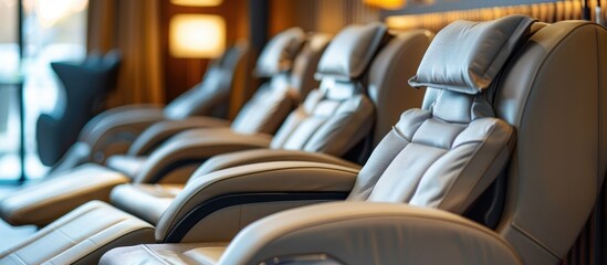 Detailed view of reclining chairs in a comfortable spa area.