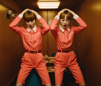 Two women in pink outfits with hands on their heads pose in a room with wood-paneled walls and a table with chairs in the background. AI. - Powered by Adobe
