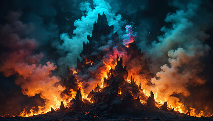 Apocalyptic landscape of flames and colored smoke