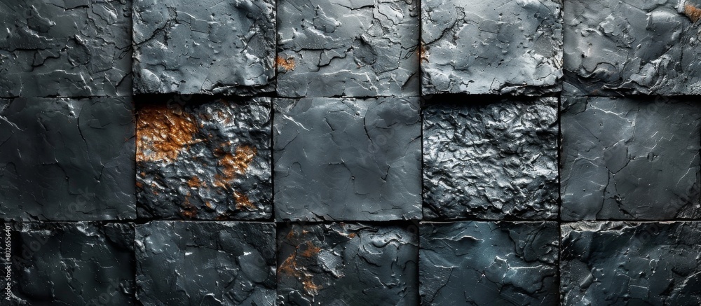 Poster close up of a wall covered in black tiles with visible rust and deterioration, creating a textured a