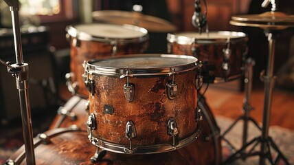 The description of the image is:..A drum set is sitting in a room. The drums are made of wood and have a brown finish.