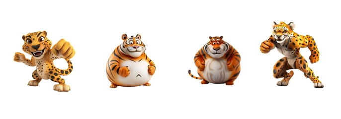 set of chubby fatty tiger funny looking on transparent background cutout, PNG file.