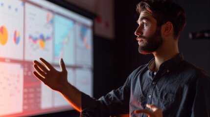 Team Member Presenting Data-Driven Strategy on Large Projection Screen, Engaging and Clear Focus, Professional Business Meeting and Interactive Presentation