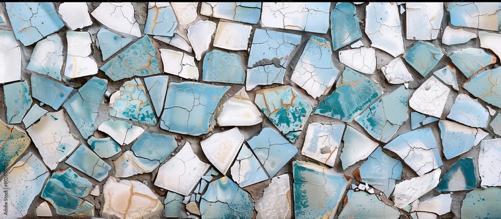 Poster close-up view of a wall surface covered in numerous shattered tiles of various sizes and shapes