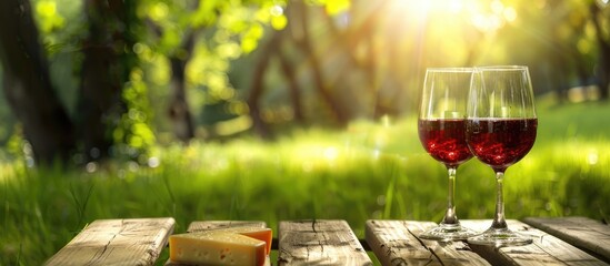 Two glasses of red wine and cheese slices on a wooden picnic table, set against a backdrop of green trees and grass, with sunlight filtering through and a space for text.