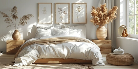 bedroom interior background, empty white blank square picture frames above bed, 