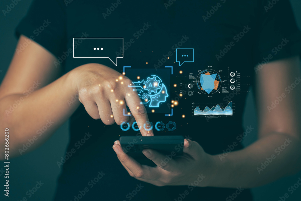 Poster businessmen use ai technology to help in their work.big data technology and new business process str