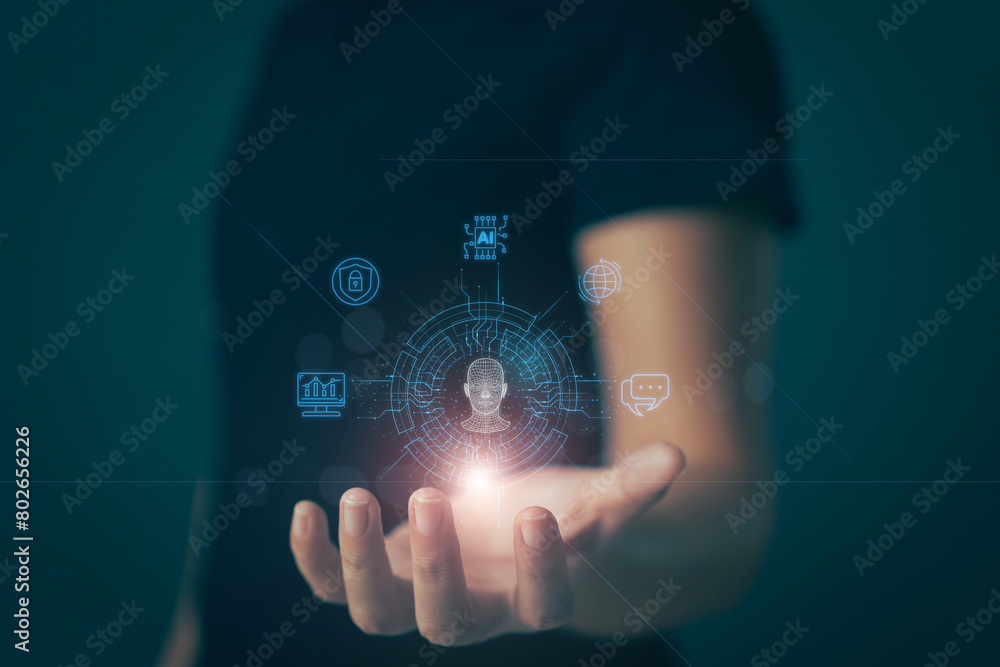 Poster businessmen use ai technology to help in their work.big data technology and new business process str