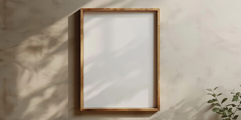 empty white blank frame mockup poster on  white wall background with plant with window shadow.
