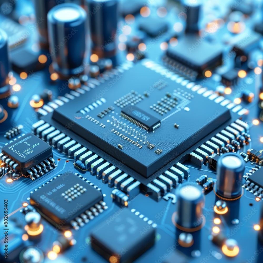 Poster an intricate and high-tech close-up of a computer chip with glowing orange lights on a blue circuit 