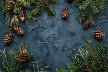 overhead view on spuce and thuja branches with cones, Christmas background - generative ai