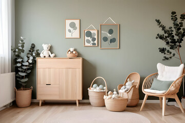 Stylish scandinavian newborn baby room with wooden cabinet, toys, children's chair, natural basket Modern interior with eucalyptus background walls, wooden parquet and cottona balls. Home decor.
